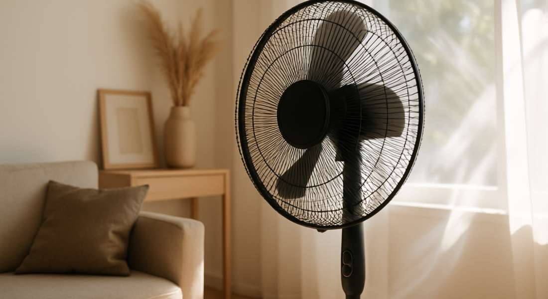 Wentylator stojący jako skuteczne i stylowe rozwiązanie na upalne dni, zdjęcie w poziomie, bez napisów